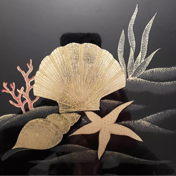 Black Lacquer Otagiri Japan Decorative Seashell Serving Rectangular Tray VNTG - Picture 5 of 5